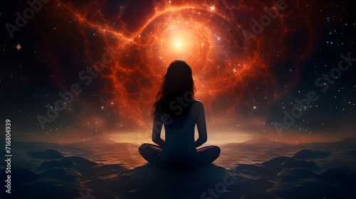 silhouette of the spirit of the universe meta woman on the background of the space of the galaxy, new quality colorful spirit stock image illustration Generative AI