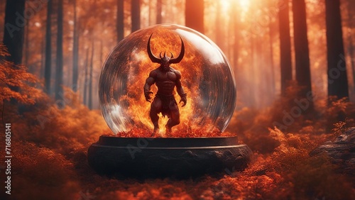 highly intricately   depicting the devil in control of the earth inside a glass ball orb  photo