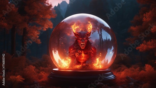 fire in the forest render depicting the devil in control of the earth inside a glass ball orb 