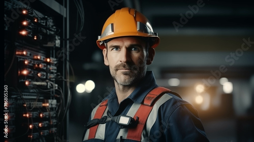 Caucasian male electrician in uniform working on generator.