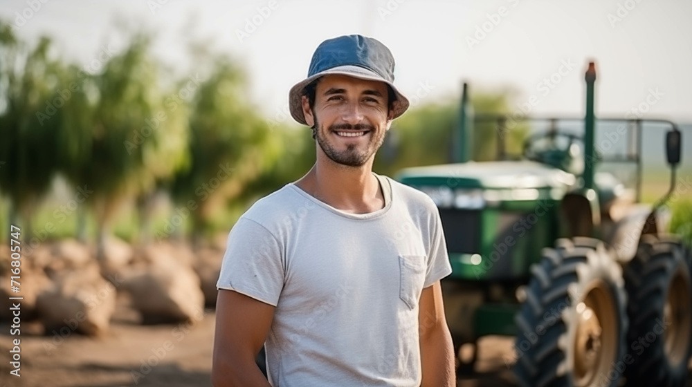 Young Caucasian farmer Use a tractor to work in the garden. Young Caucasian farmer Use a tractor to work in the garden.
