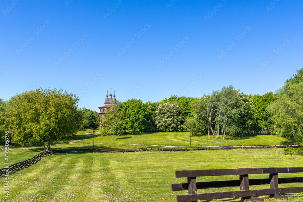 Obraz premium Spring green landscape with wooden temple and fence.
