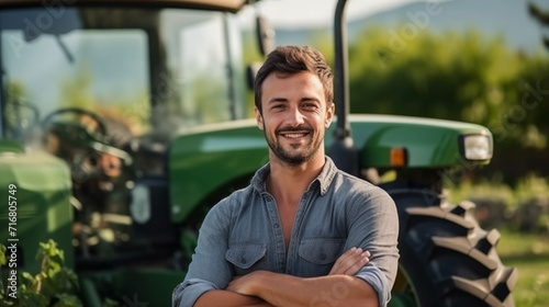 Young Caucasian farmer Use a tractor to work in the garden. photo