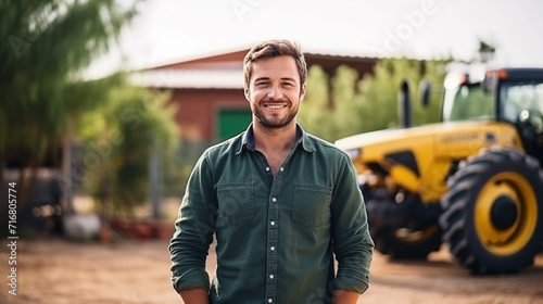 Young Caucasian farmer Use a tractor to work in the garden.