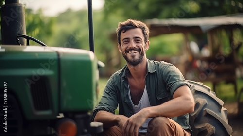 Young Caucasian farmer Use a tractor to work in the garden.
