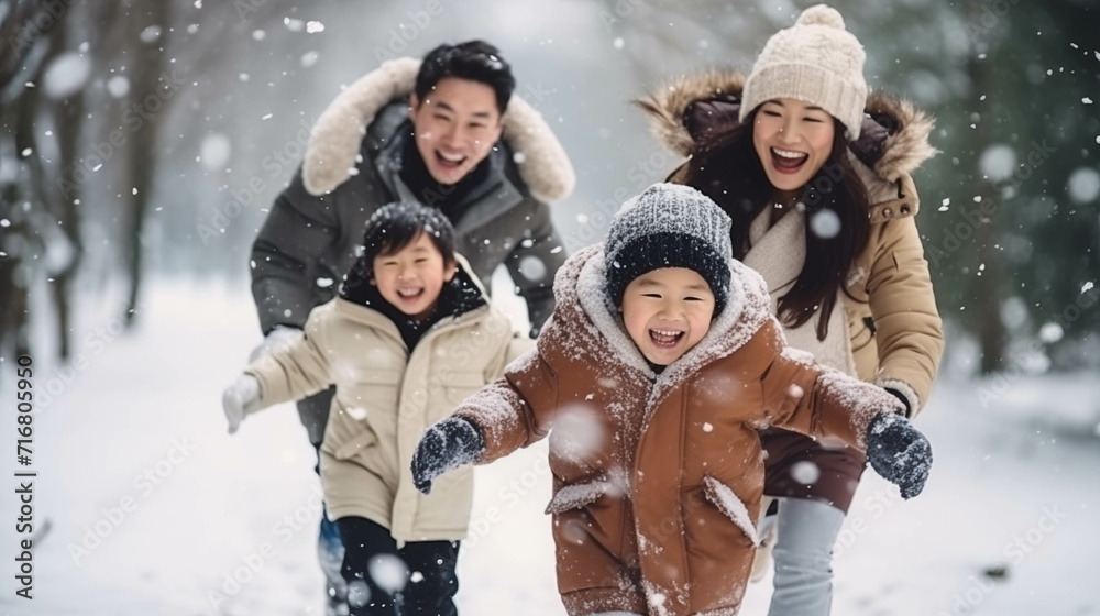 Asian family wearing coats playing in the snow.