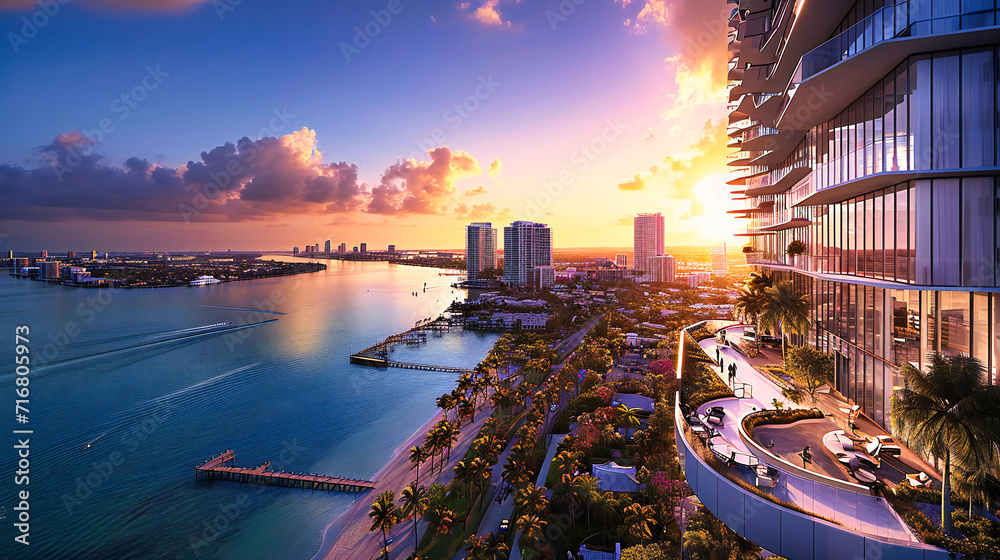 Miami Skyline at Sunset: Aerial View of Skyscrapers and Beaches in Florida, USA - obrazy, fototapety, plakaty 