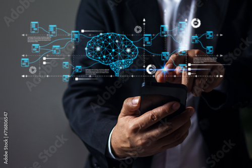 Businessman searches for information on his phone using Ai.Chat GPT. Chat with AI Artificial Intelligence, future technology. in the online system