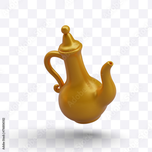 Realistic gold Arabic teapot. Utensil for serving in oriental restaurant, teahouse