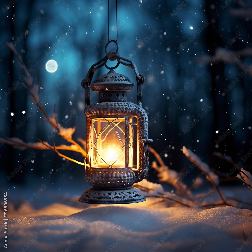 Glowing Lantern in Moonlit Winter Night Glowing Lantern in Moonlit Winter Night
