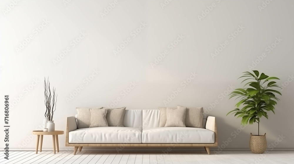 A white-toned living room with a sofa and plants. A white-toned living room with a sofa and plants.