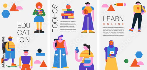 Collection of Education, Students, Teenagers geometric characters, illustrations. Education, learning, online school concept design