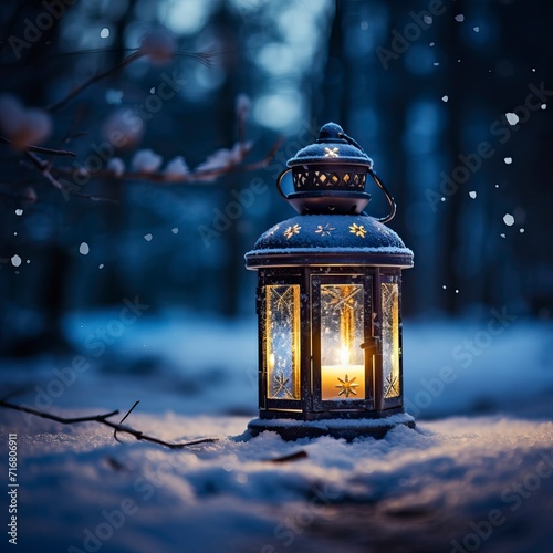Glowing Lantern in Moonlit Winter Night © CREATIVE STOCK