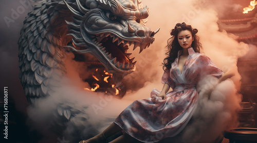 A Chinese woman wearing a cheongsam sits on the back of a dragon. photo