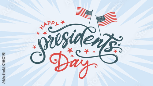 Happy Presidents day banner, clipart, card, logo, vector, graphic, text, lettering for Presidents day flyer, 
sale banner, background, sign, web, social media post 
with American flag, USA photo
