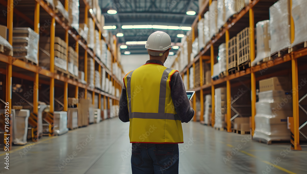 employee picks boxes of merchandise orders from tablets in a department store warehouse. employee picks boxes of merchandise orders from tablets in a department store warehouse.