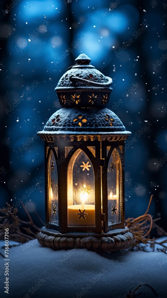 Glowing Lantern in Moonlit Winter Night Glowing Lantern in Moonlit Winter Night