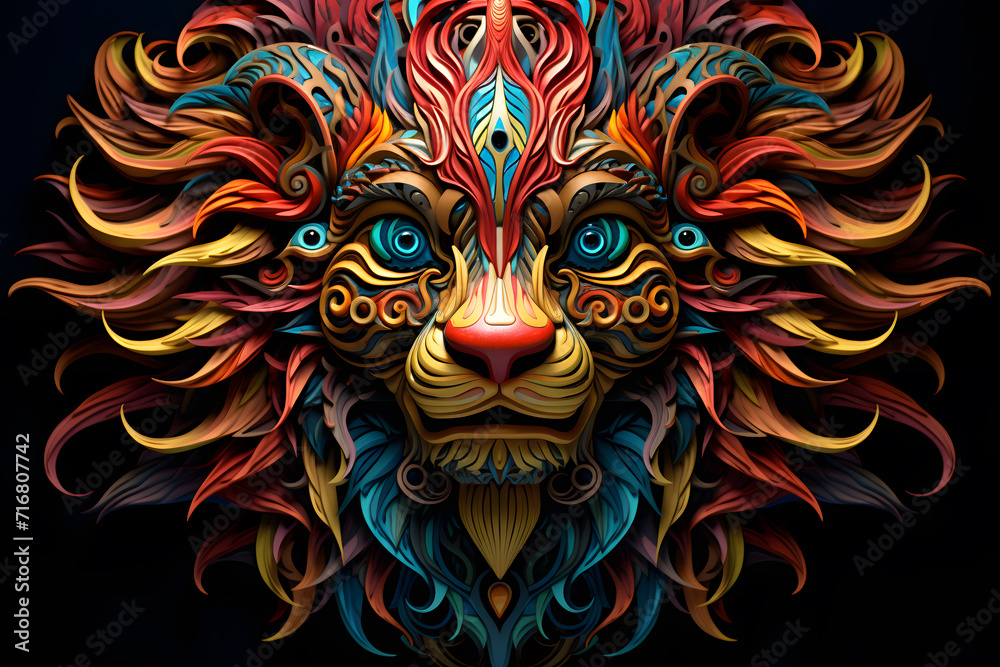 Brightly colored, colorful 3D lion face graphics.