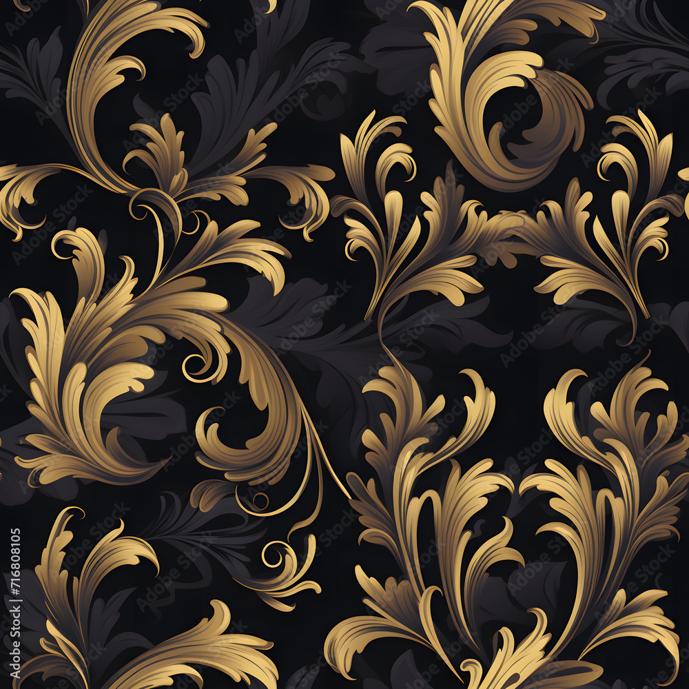 Gold and black floral graphic pattern on black background. Paisley pattern. Seamless pattern. Elegant pattern. Gold and black floral graphic pattern on black background. Paisley pattern. Seamless pattern. Elegant pattern.