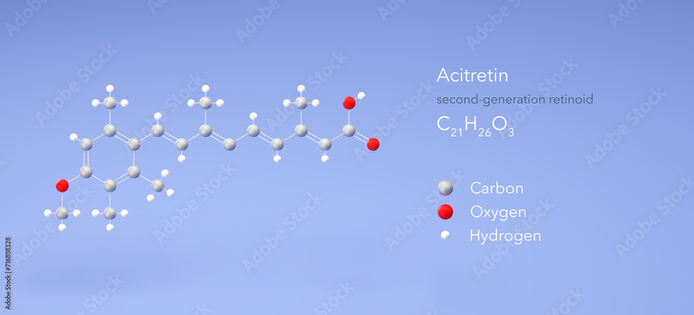 acitretin molecule, molecular structures, second-generation retinoid, 3d model, Structural Chemical Formula and Atoms with Color Coding