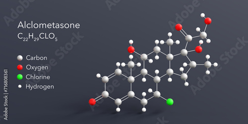 alclometasone molecule 3d rendering, flat molecular structure with chemical formula and atoms color coding photo
