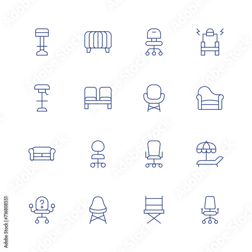 Chair line icon set on transparent background with editable stroke. Containing stool, sofa, vacancy, chair, chairs, officechair, deskchair, electricchair, armchair, deckchair, directorchair. photo