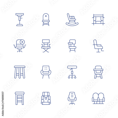 Chair line icon set on transparent background with editable stroke. Containing barstool, novacancy, stool, chair, carchair, rockingchair, deskchair, officechair, sedanchair, barberchair, babychair.