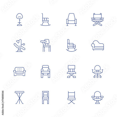 Chair line icon set on transparent background with editable stroke. Containing stool, couch, rockingchair, chair, directorchair, directorschair, sofa, deskchair, hairdresserchair, dentistchair.