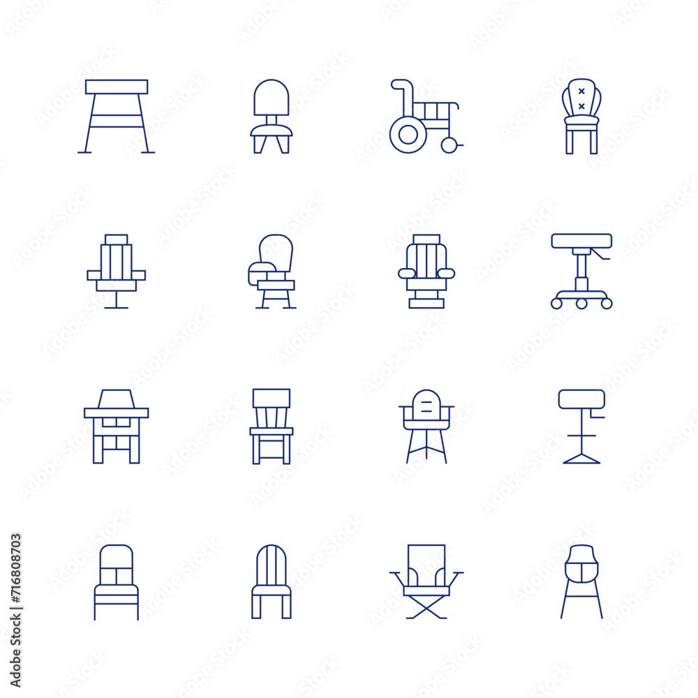 Chair line icon set on transparent background with editable stroke. Containing stool, barbershop, highchair, chair, deskchair, wheelchair, barberchair, babychair, campchair, armchair, barstool.