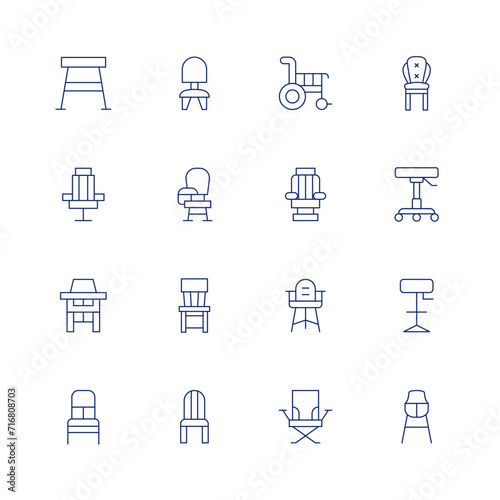 Chair line icon set on transparent background with editable stroke. Containing stool, barbershop, highchair, chair, deskchair, wheelchair, barberchair, babychair, campchair, armchair, barstool.