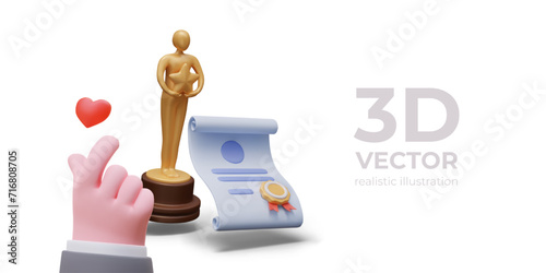 D hand sending heart, gold statuette, certificate with seal