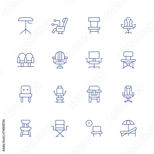 Chair line icon set on transparent background with editable stroke. Containing stool, armchairs, chair, directorchair, babychair, waitingroom, gamingchair, foldingchair, deckchair. photo