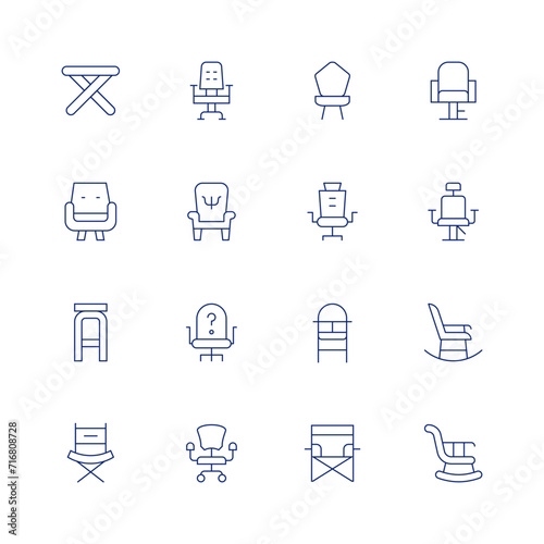Chair line icon set on transparent background with editable stroke. Containing stool, armchair, directorchair, officechair, chair, babychair, feedingchair, foldingchair, hairdresserchair, barberchair. photo