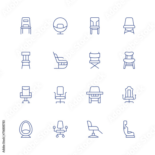 Chair line icon set on transparent background with editable stroke. Containing chair, officechair, eggchair, rockingchair, directorchair, feedingchair, salonchair, gamingchair, babychair.