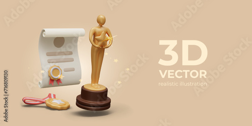 Congratulations on award. Announcement of winner. 3D golden statuette, certificate with seal, medal