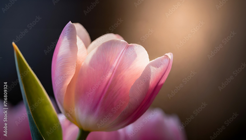 Fototapeta premium A vibrant tulips bask in the soft glow of sunset, their petals a blend of pink and white, amidst a soft-focus garden. Ideal for spring themes, conveying renewal and beauty.