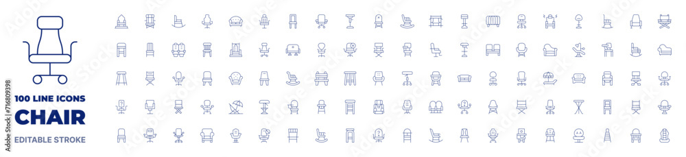 100 icons Chair collection. Thin line icon. Editable stroke. Chair icons for web and mobile app.