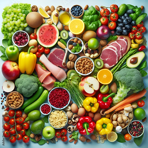 vibrant display of various fresh foods including fruits  vegetables  meats  and other items. It seems to represent a balanced diet