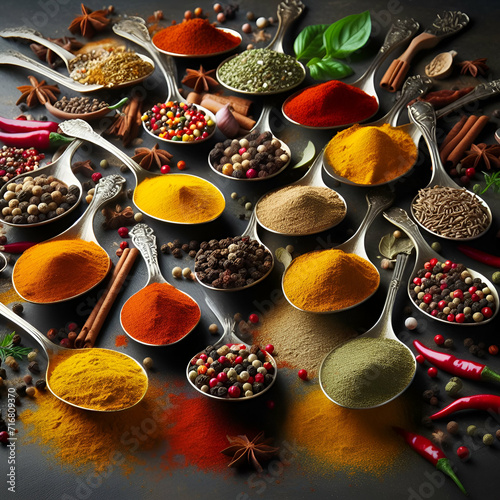 a variety of spices and herbs, displayed in spoons and scattered on a dark surface. 