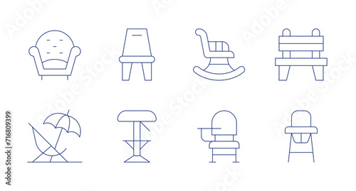 Chair icons. Editable stroke. Containing armchair, seat, chair, rockingchair, deskchair, bench, babychair.