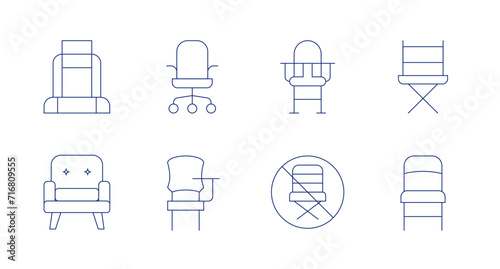 Chair icons. Editable stroke. Containing carseat, chair, officechair, deskchair, babychair, nochair, directorchair, foldingchair. photo