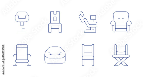 Chair icons. Editable stroke. Containing chair, beachchair, dentistchair, armchair, foldingchair.
