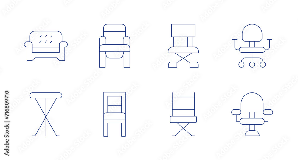 Chair icons. Editable stroke. Containing couch, stool, chair, directorchair, deskchair, hairdresserchair.