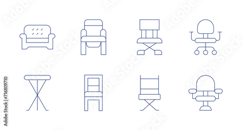 Chair icons. Editable stroke. Containing couch, stool, chair, directorchair, deskchair, hairdresserchair. photo