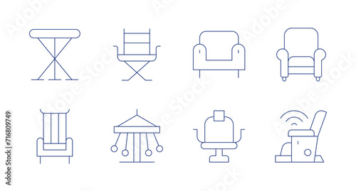 Chair icons. Editable stroke. Containing foldingchair, chair, directorschair, flyingchairs, armchair, massagechair.