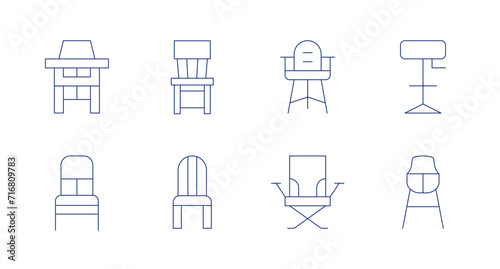 Chair icons. Editable stroke. Containing highchair, chair, babychair, campchair, barstool.