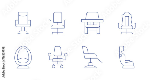 Chair icons. Editable stroke. Containing officechair, eggchair, chair, feedingchair, salonchair, gamingchair, babychair.