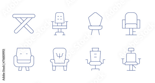 Chair icons. Editable stroke. Containing stool, armchair, officechair, chair, babychair, hairdresserchair, barberchair.