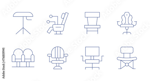 Chair icons. Editable stroke. Containing stool, armchairs, chair, gamingchair, foldingchair.