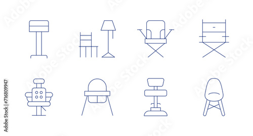 Chair icons. Editable stroke. Containing stool, barber, chair, babychair, foldingchair, directorchair.